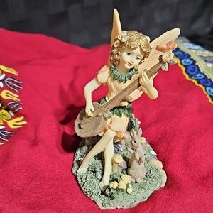 Fairy Sculpture Carly with Stringed Instrument Surrounded By Bunnies & Mushrooms